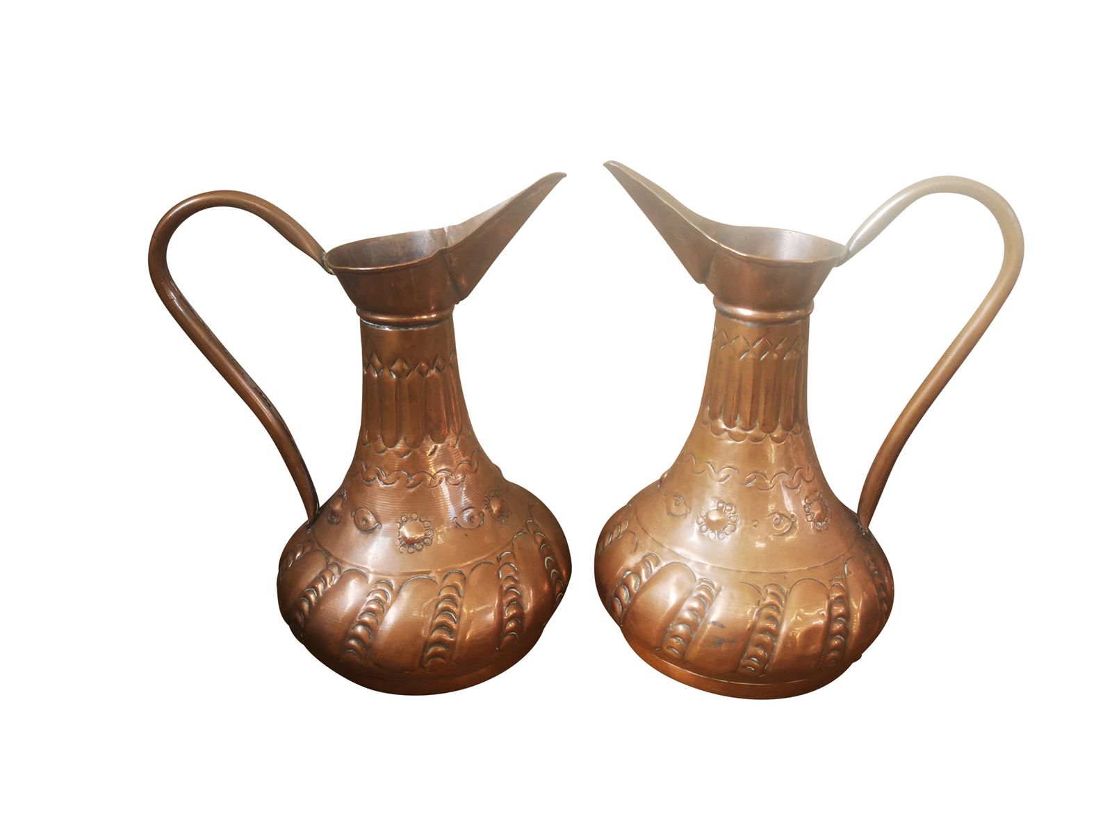 Pair Of Art Nouveau Copper Ewers Or Jug, Relief Arts And Crafts Design
