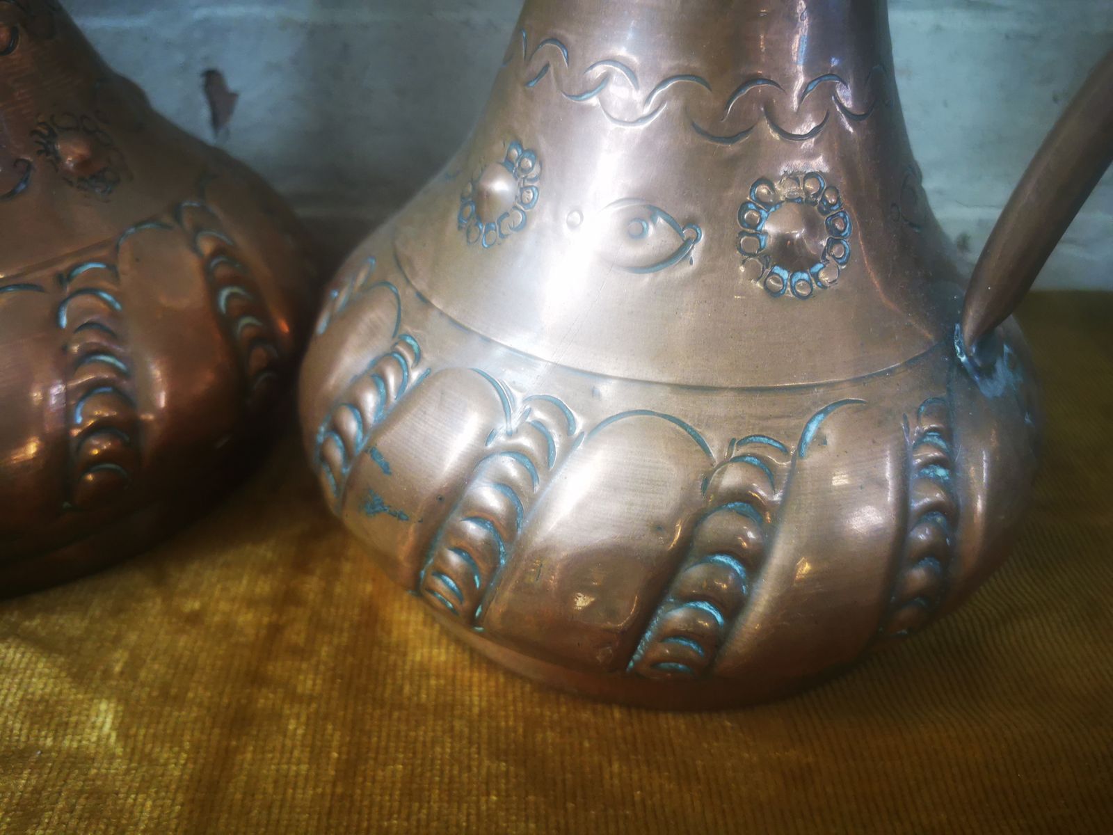 Pair Of Art Nouveau Copper Ewers Or Jug, Relief Arts And Crafts Design photo for sale