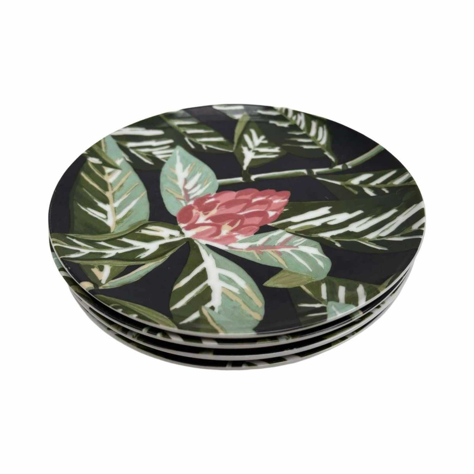 Set 4 Dessert Plates Monoprix Entremets,Cake, Cheese, Entree, Salad Plates Black Green Decor Jungle Flowers Tropical Decor photo 150.0