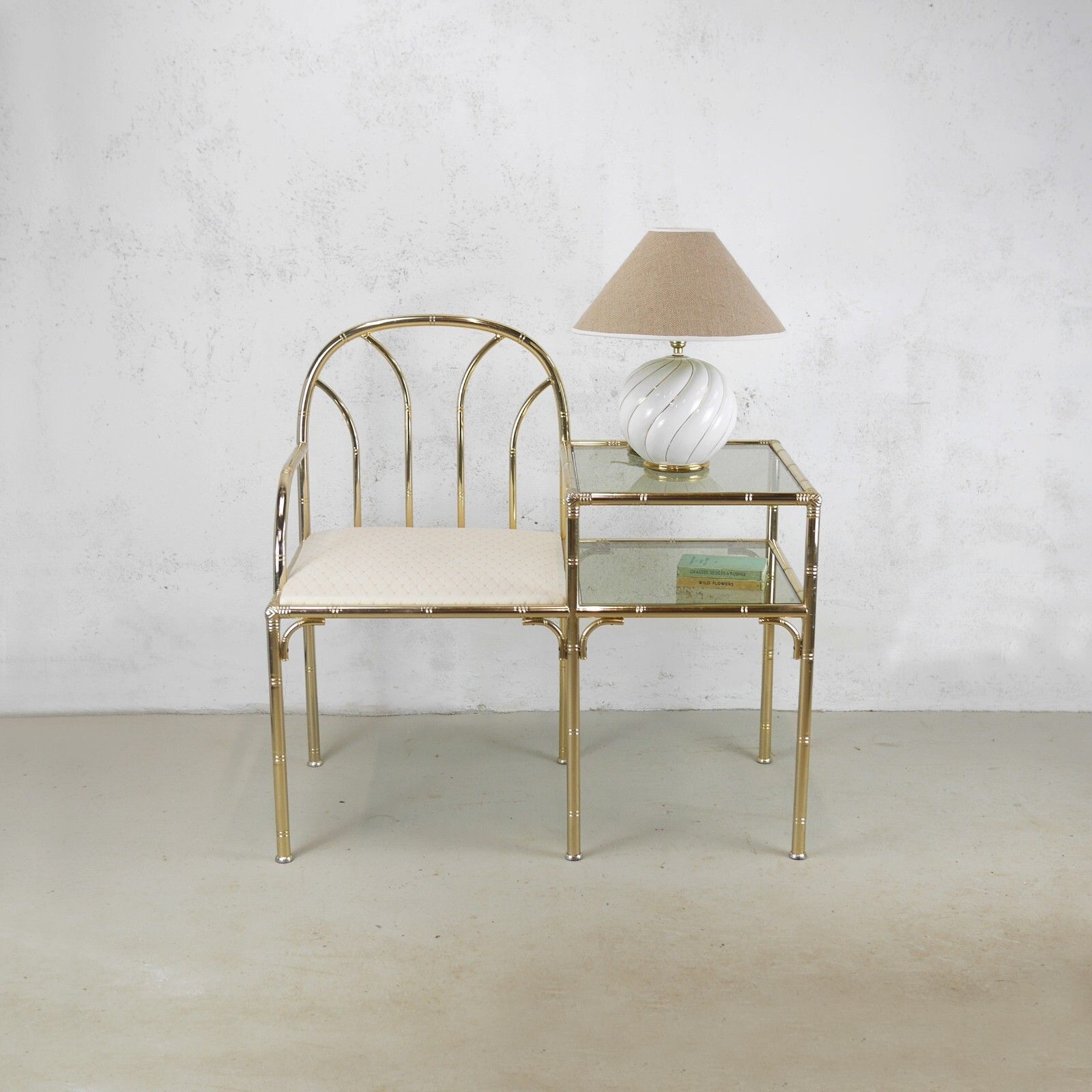 Vintage Brass Faux Bamboo Telephone Seat Smoke Glass Hollywood Regency #102718 photo furniture