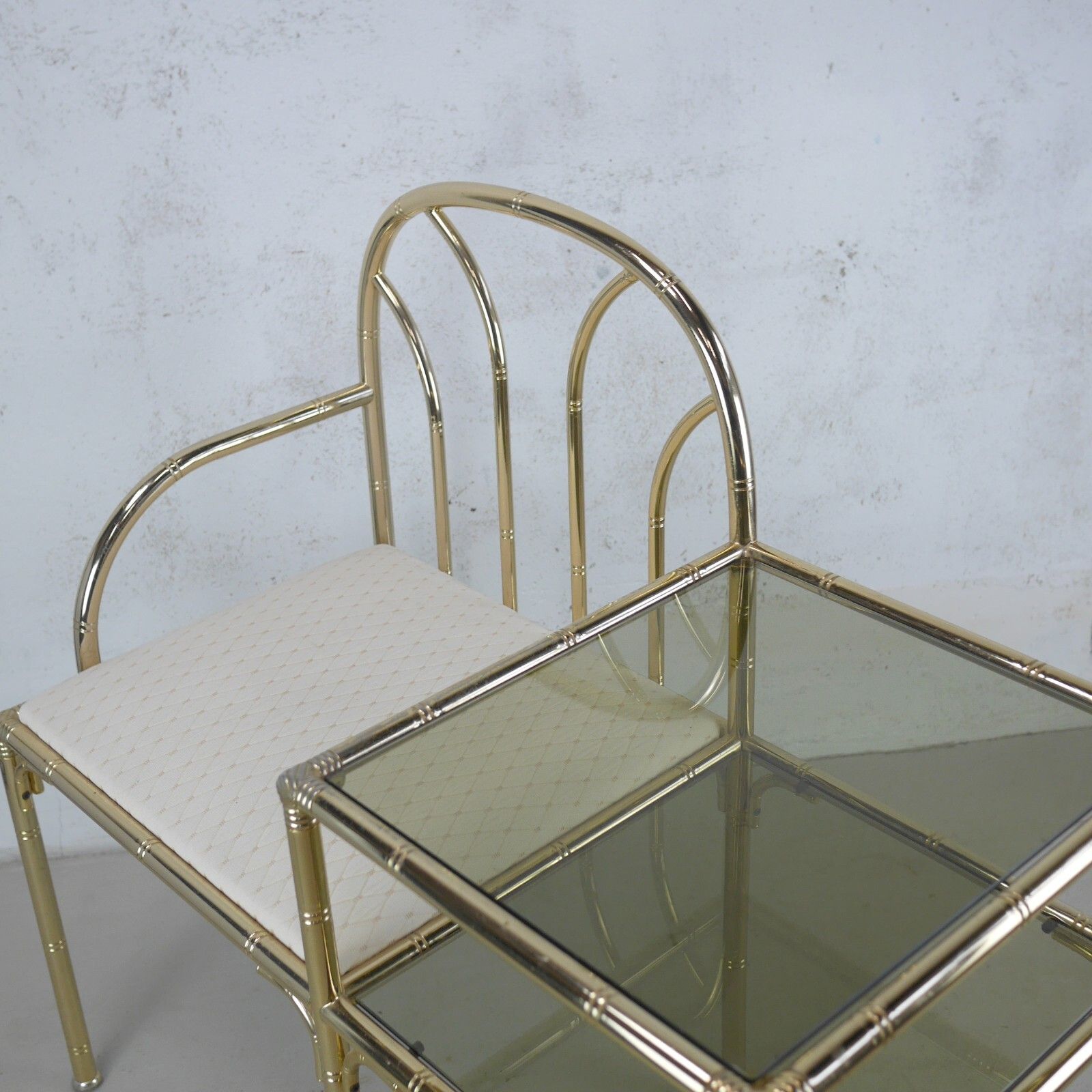 Vintage Brass Faux Bamboo Telephone Seat Smoke Glass Hollywood Regency #102718 photo vinterior