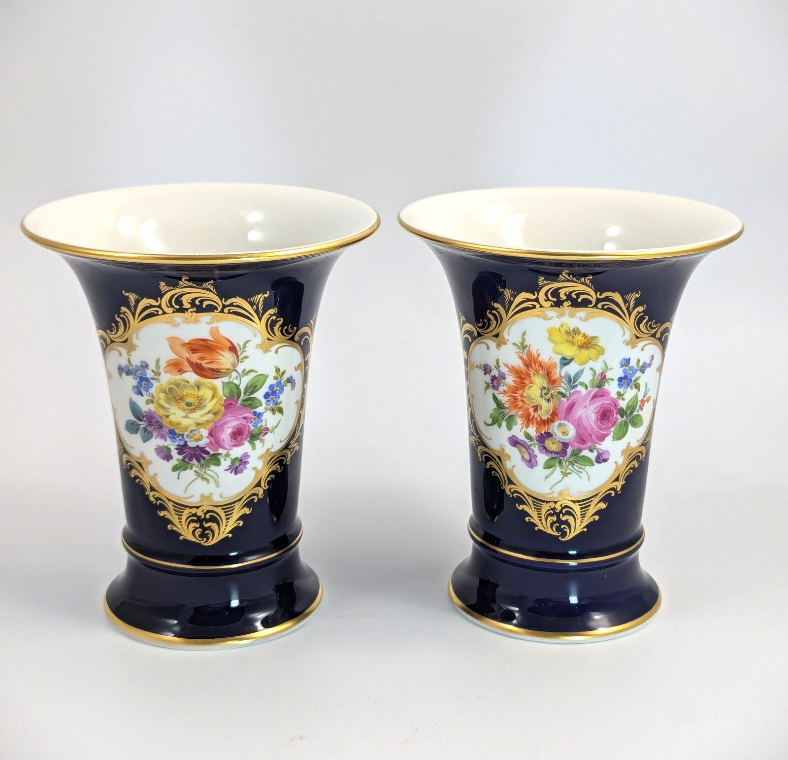 Meissen Hand Painted Floral Cobalt Trumpet Vases