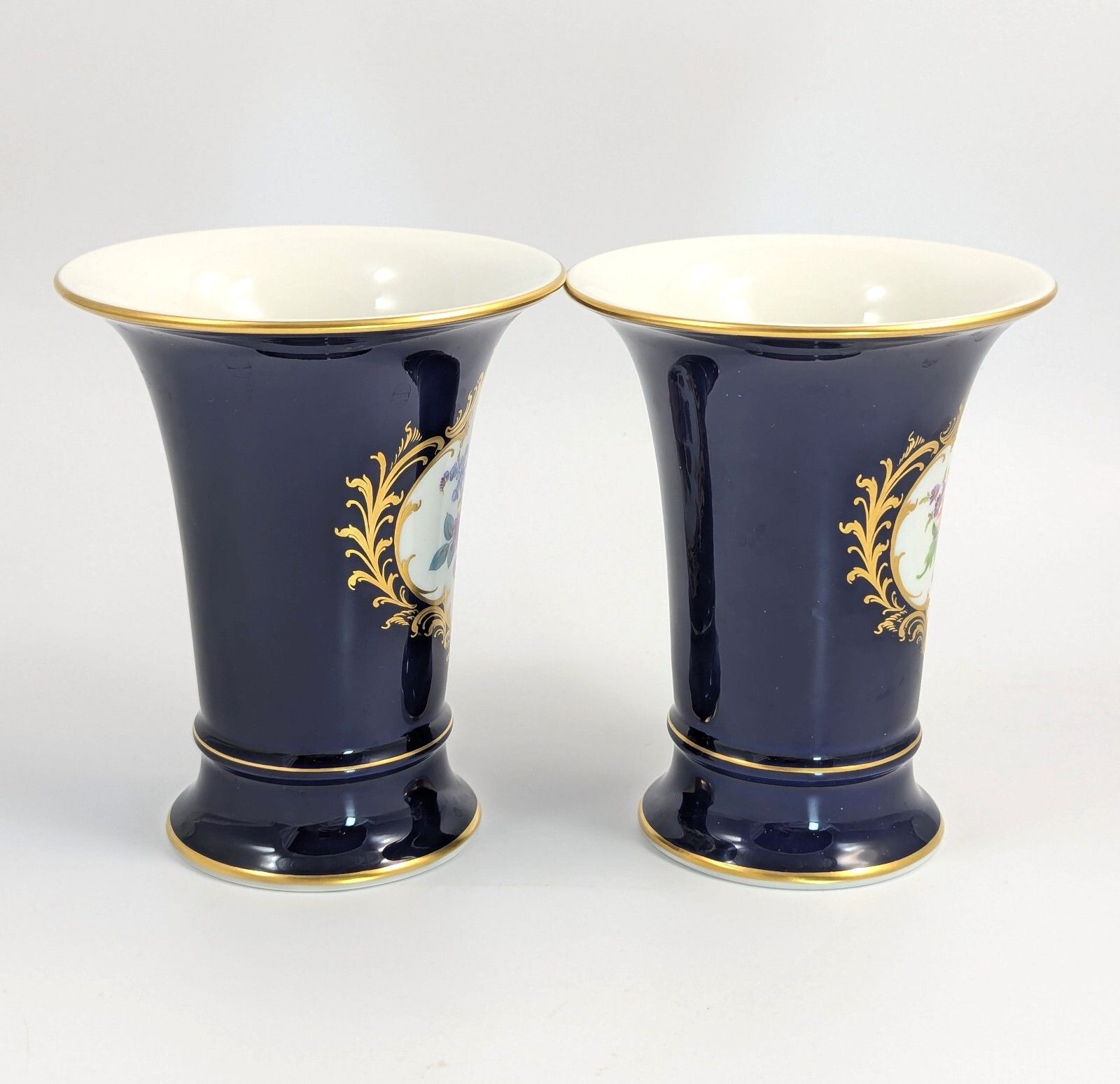 Meissen Hand Painted Floral Cobalt Trumpet Vases photo Home Decor