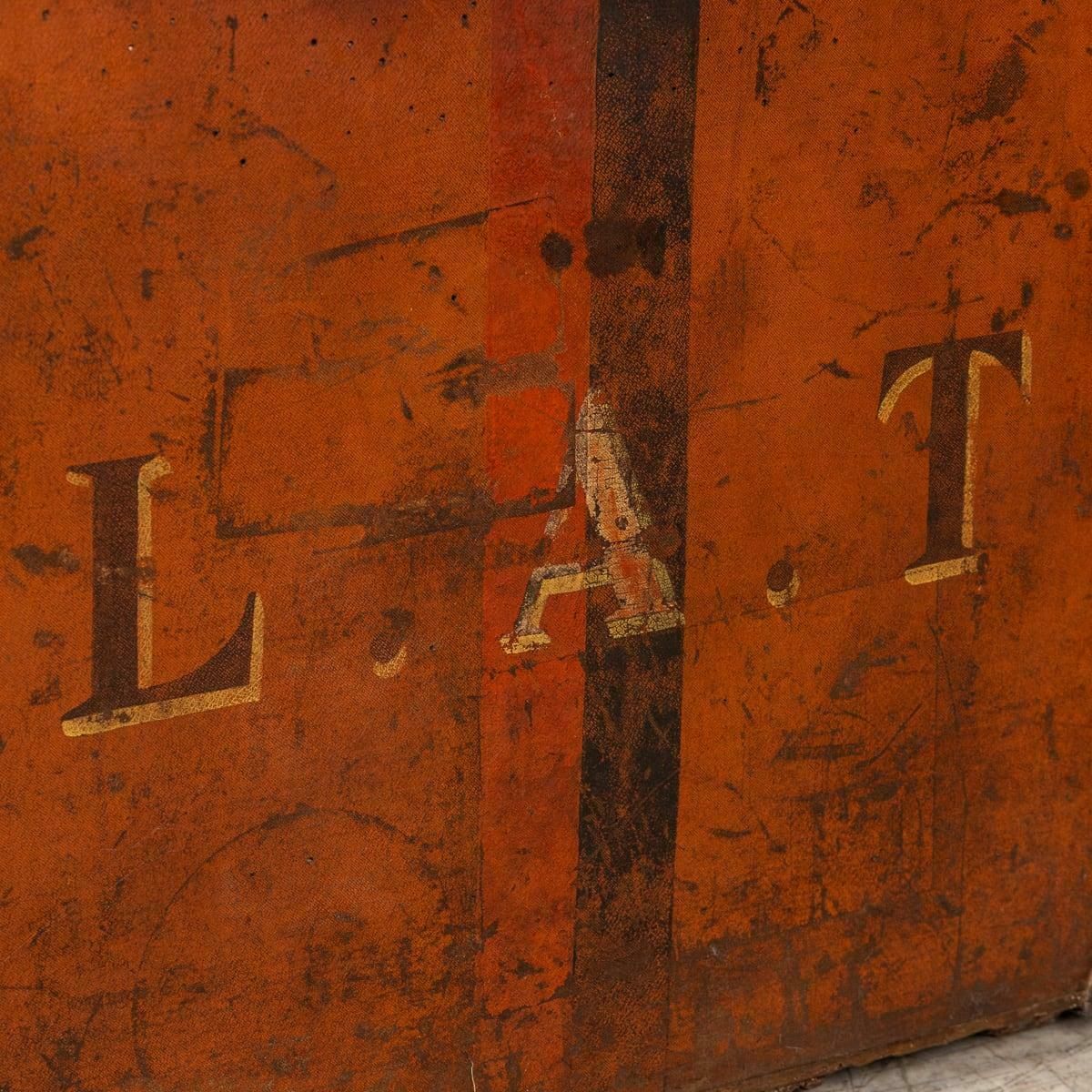 Antique 20thc Louis Vuitton "Malle Haute" Trunk In Orange Vuittonite Canvas photo furniture