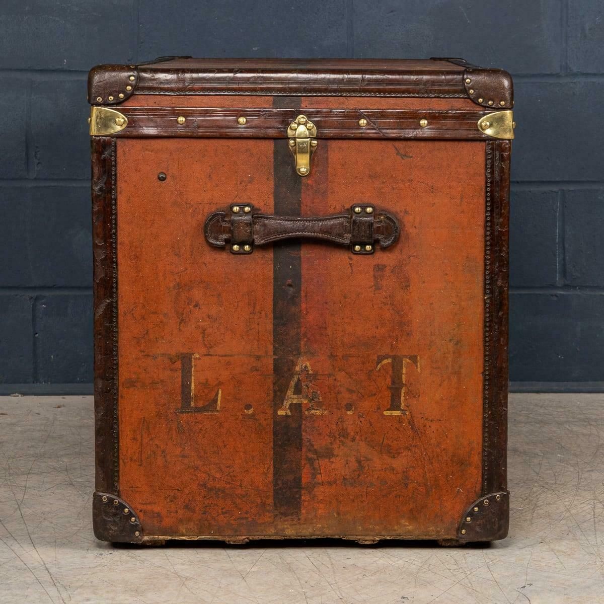 Furniture Antique 20thc Louis Vuitton "Malle Haute" Trunk In Orange Vuittonite Canvas photo