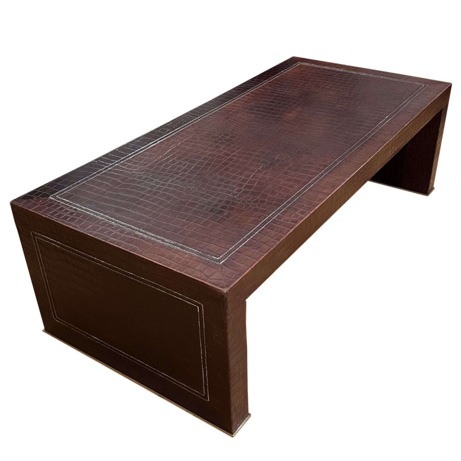 Large French 1970s Faux Crocodile Pressed Leather Coffee Table photo furniture