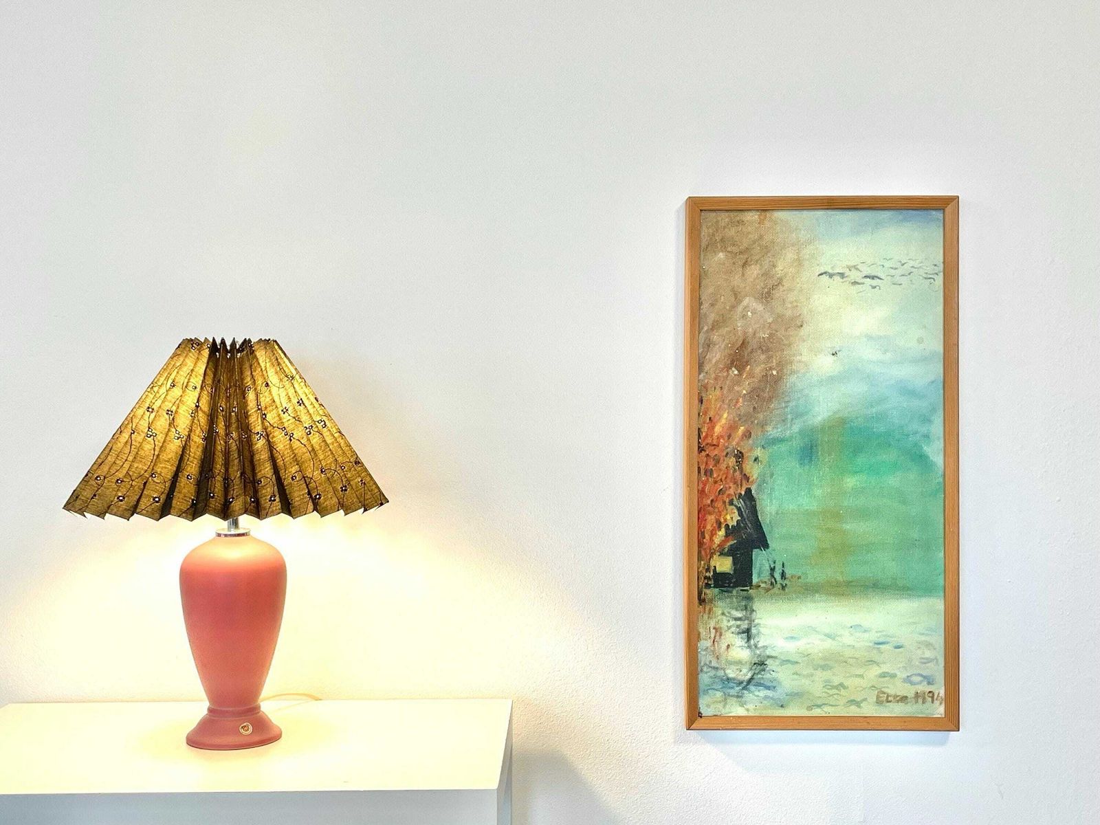 Danish Vintage Abstract Mid Century Oil Painting By Artist Etta Westing Of Burning Farm From 1994 photo furniture