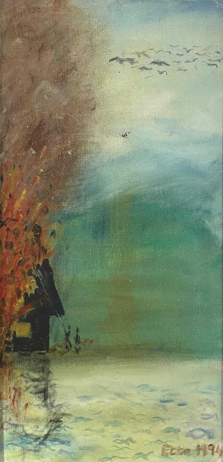 Danish Vintage Abstract Mid Century Oil Painting By Artist Etta Westing Of Burning Farm From 1994 photo for sale