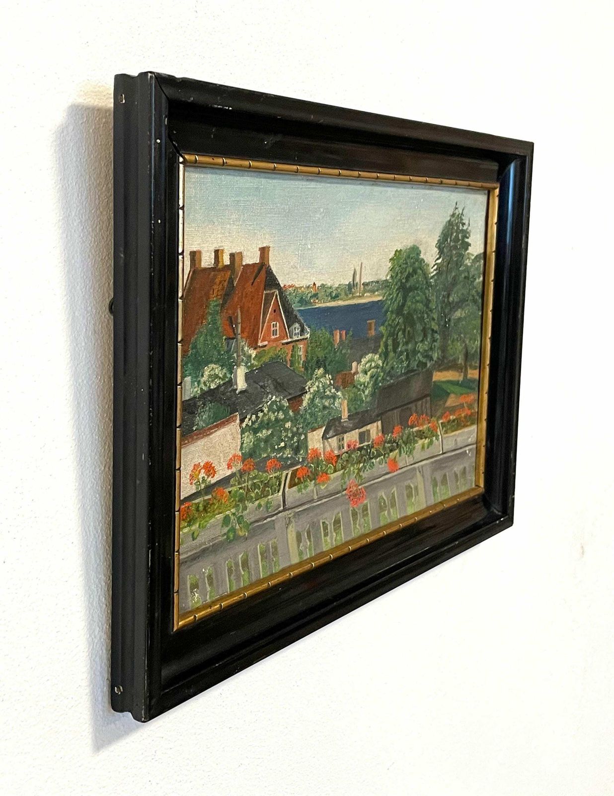 Antique Original European Oil Painting With Motive From Flower Covered Balcony With Ocean View photo vintage