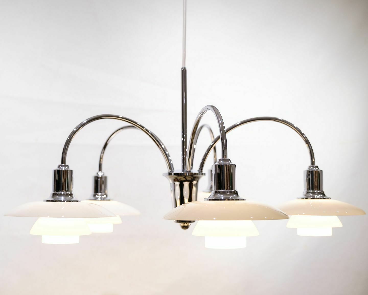 Ph Bombardment Crown 5 Arms In Chromed Metal & White Opal Glass Shades By Louis Poulsen For Poul Henningsen From 1994s