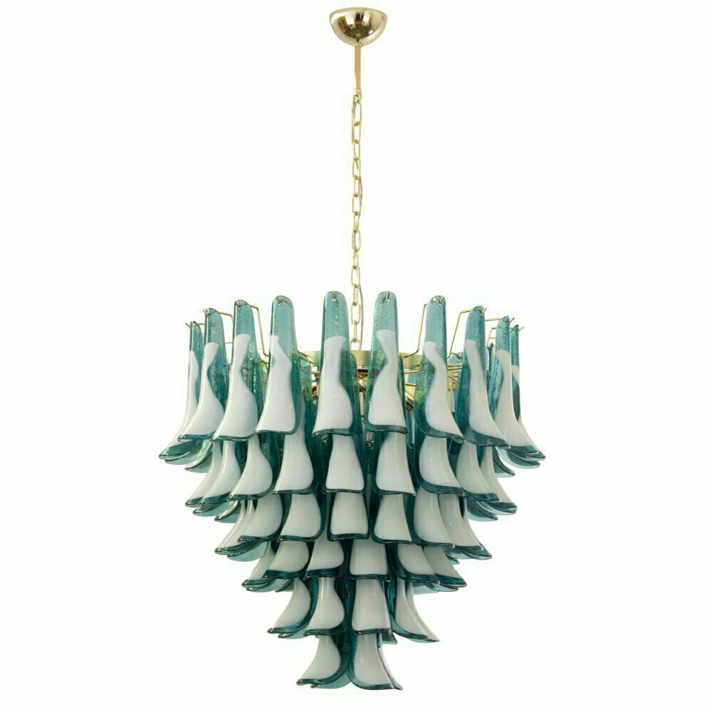 Petalo Chandelier In White And Teal Murano Glass, Italy, 1990s