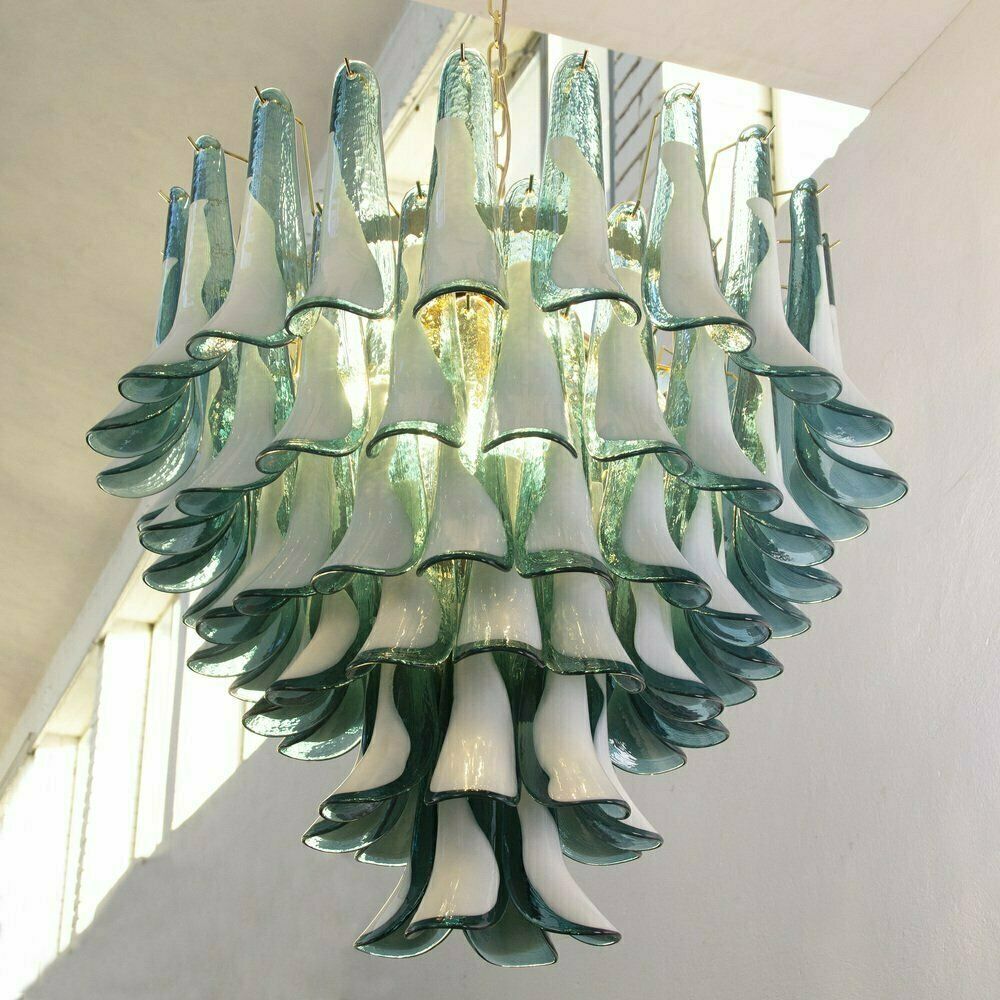 Petalo Chandelier In White And Teal Murano Glass, Italy, 1990s photo for sale