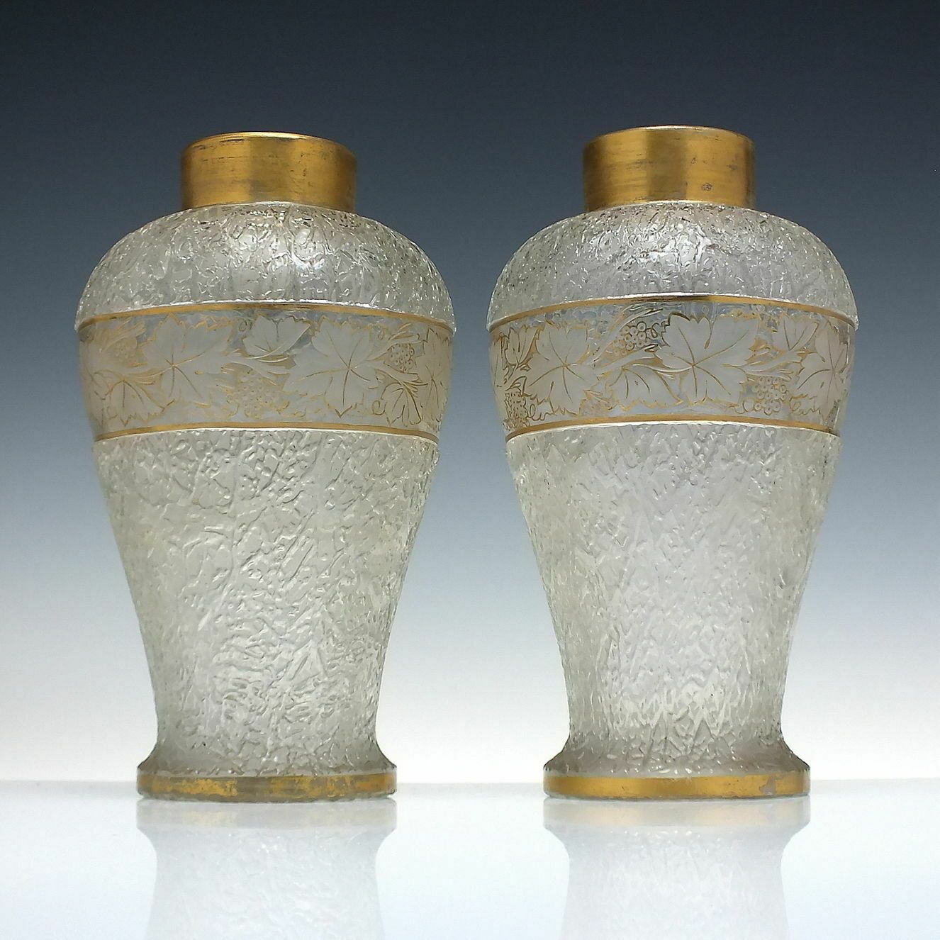 Pair Victorian Engraved & Gilded Overshot Glass Vases C1880