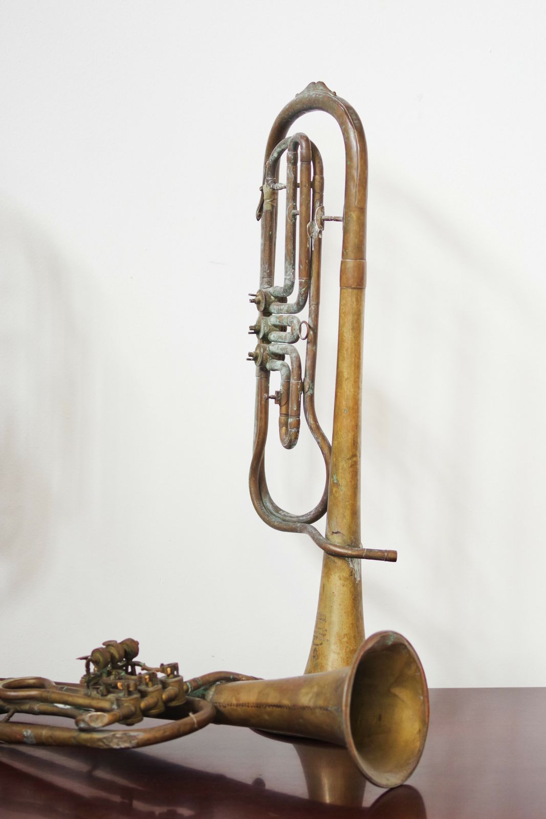 Set Of Three 1940s Copper Trumpets   Antique Musical Instrument Collection photo vinterior