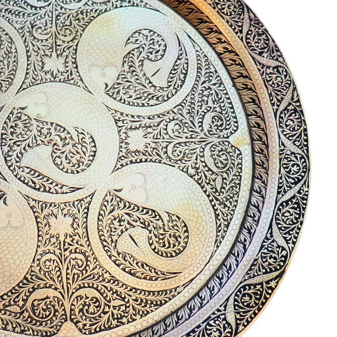 Mid Century Indian Brass Tray With Engraved Fish And Foliate Design 11.6 '', Nautical Brass Tray, Black Enamel And Brass Tray For 4 People. photo for sale