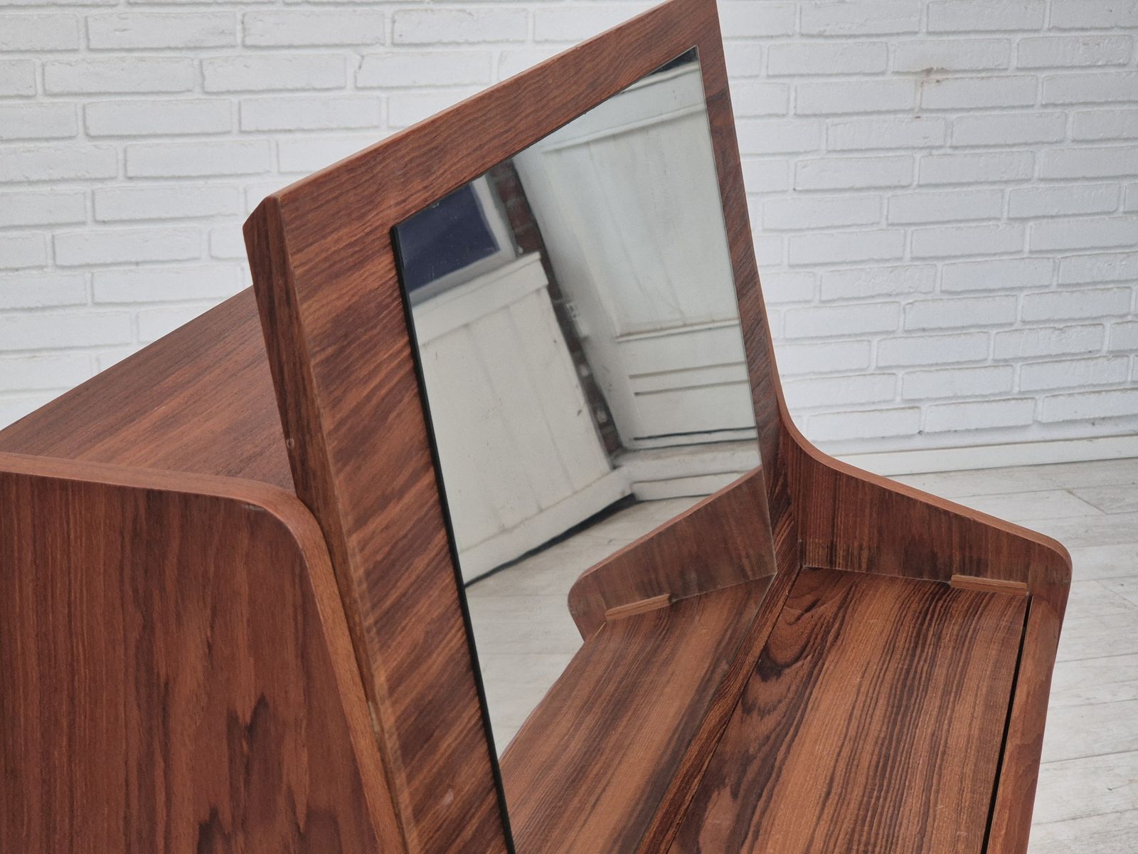 photo for sale 1960s, Danish Chest Of Drawers With Foldable Top/Mirror, Original Condition, Teak Wood.