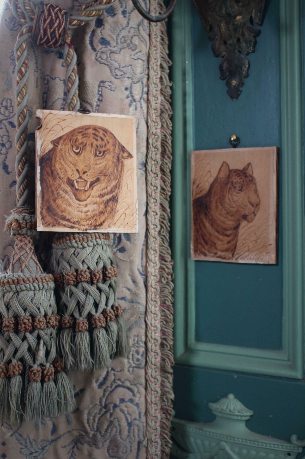 Early 20th C Naive Pokerwork Panels Of Tigers By Edward Guest Folk Art photo furniture