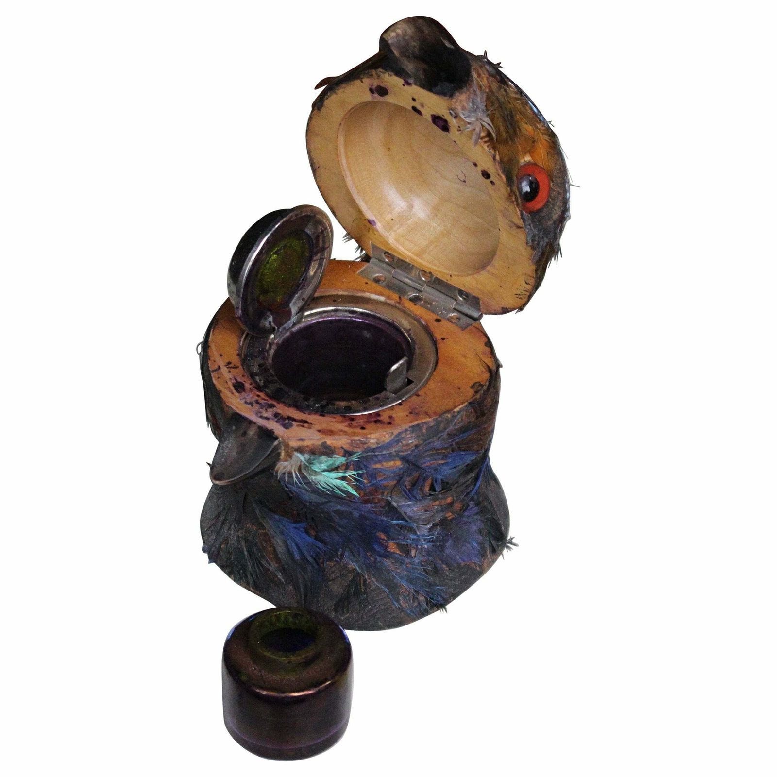 Early 20th Century Parrot Ink Well, Glass Eyes, Hand Dyed Feathers
