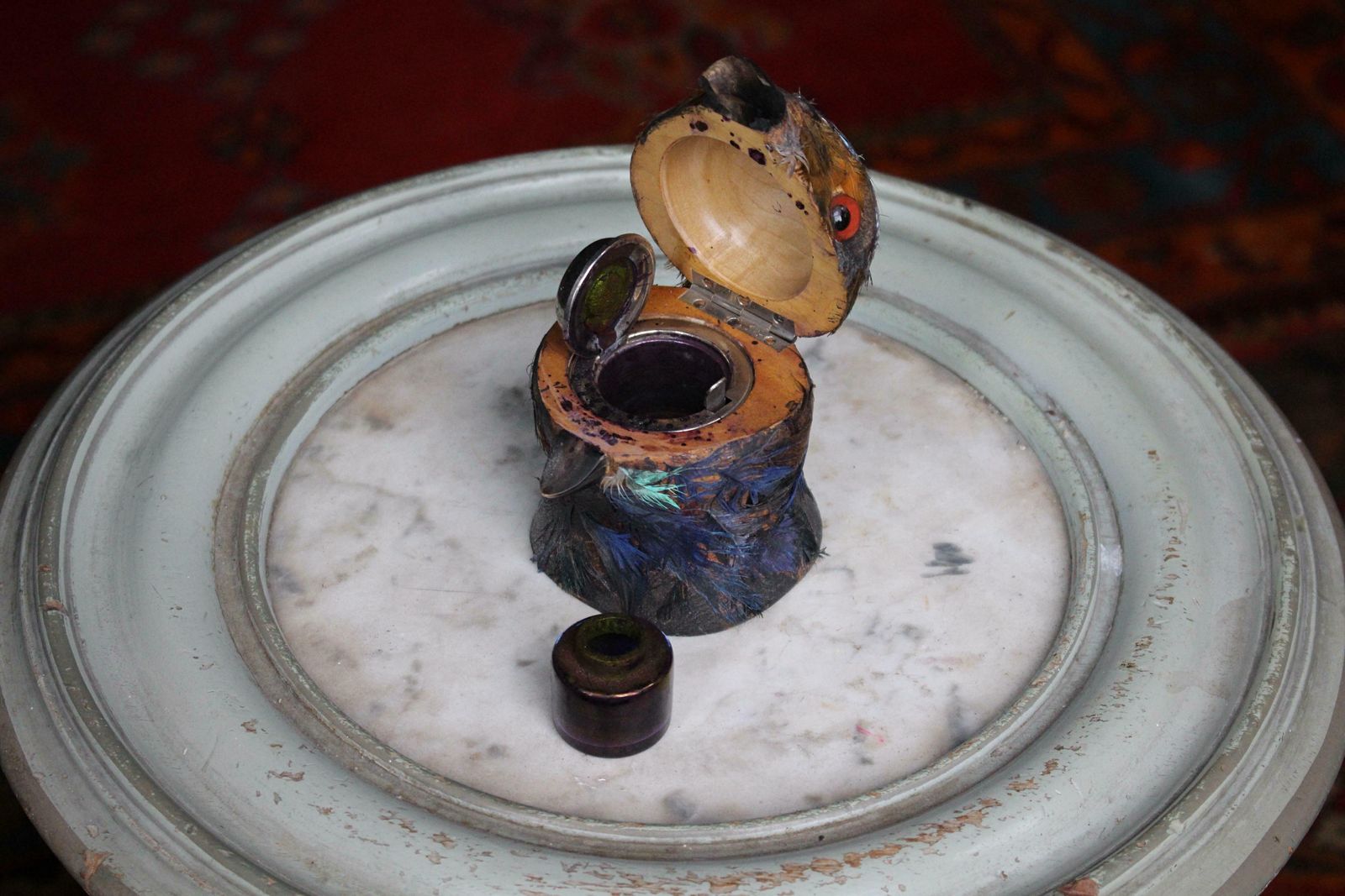 Early 20th Century Parrot Ink Well, Glass Eyes, Hand Dyed Feathers photo vinterior