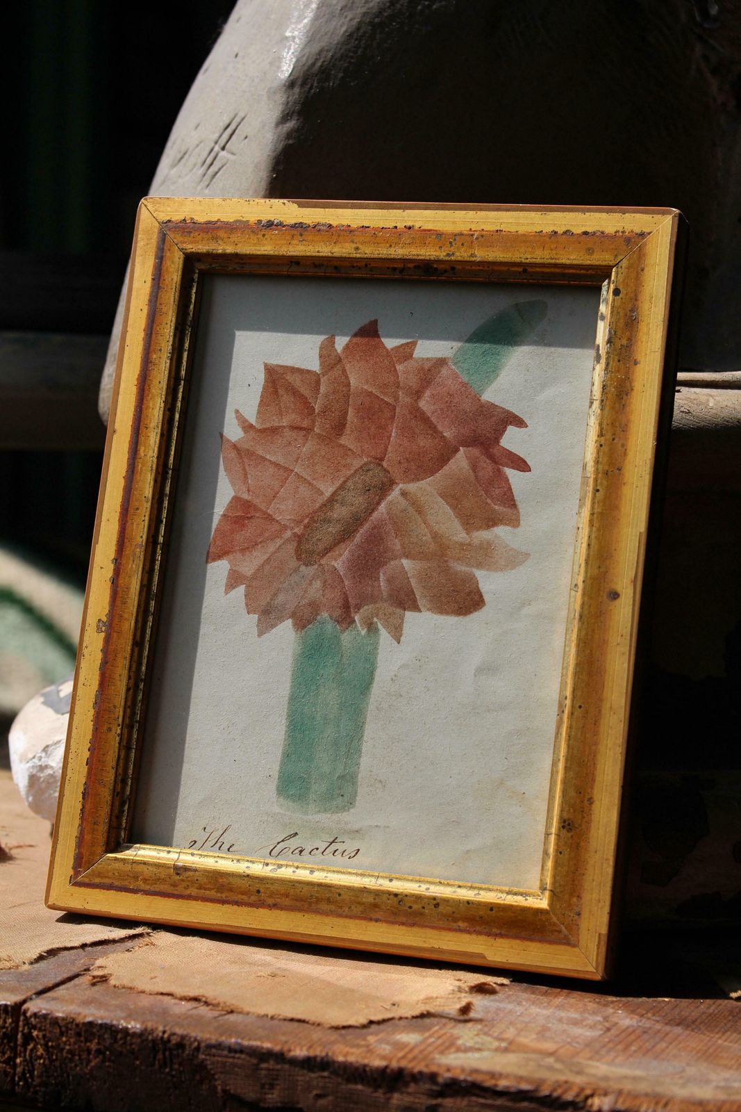 American School Circa 1840 Theorem Painting Of A Cactus Giltwood Frame Folk Art photo for sale