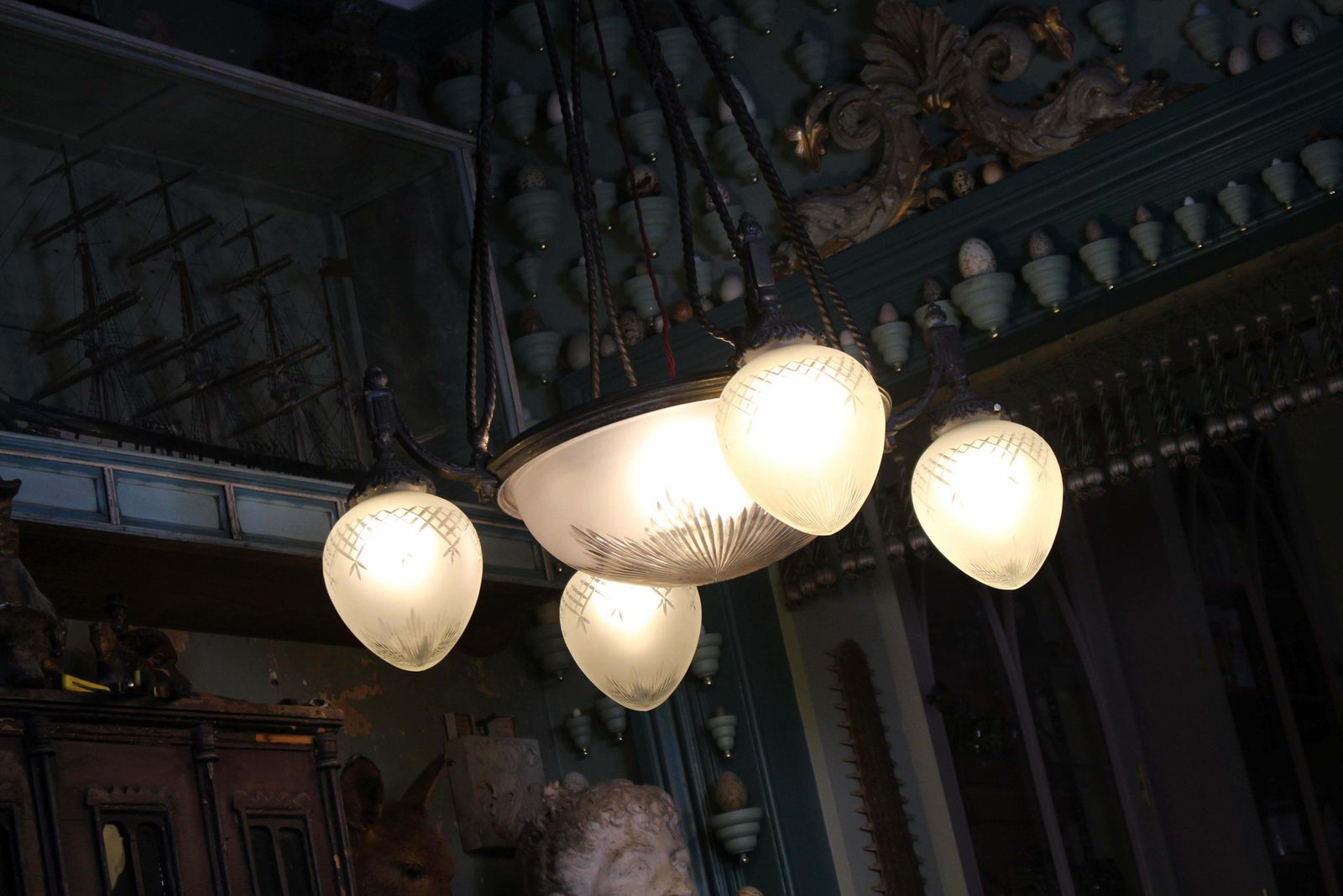 Large 19th C Regency Revival Bronze & Glass English Chandelier Pendant Light photo furniture