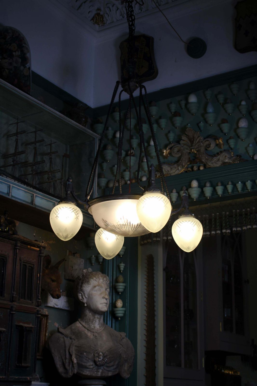 Large 19th C Regency Revival Bronze & Glass English Chandelier Pendant Light photo for sale