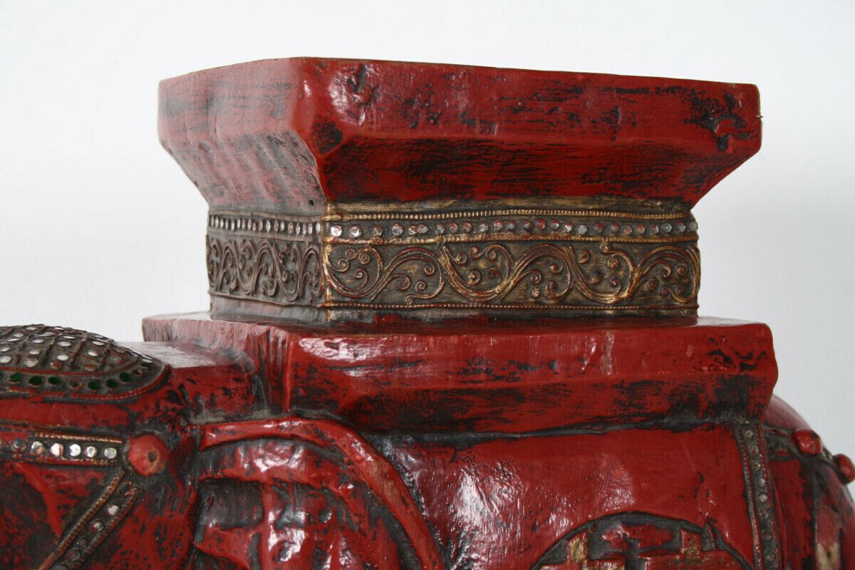 Large Carved Wood Hand Painted Elephant Side Table | Plant Stand | Shelf Art photo vintage