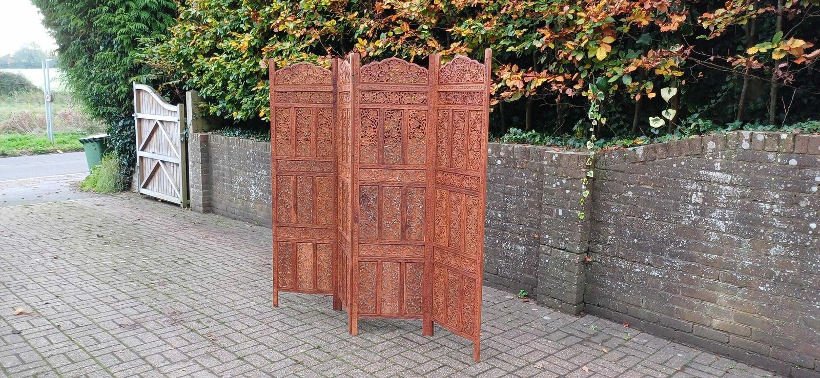 Huge Top Quality 70s/80s Carved Folding Screen Room Divide Grapevine & Middle Eastern Motif Heavy Vintage Room Divider Free Hand Delivery photo furniture