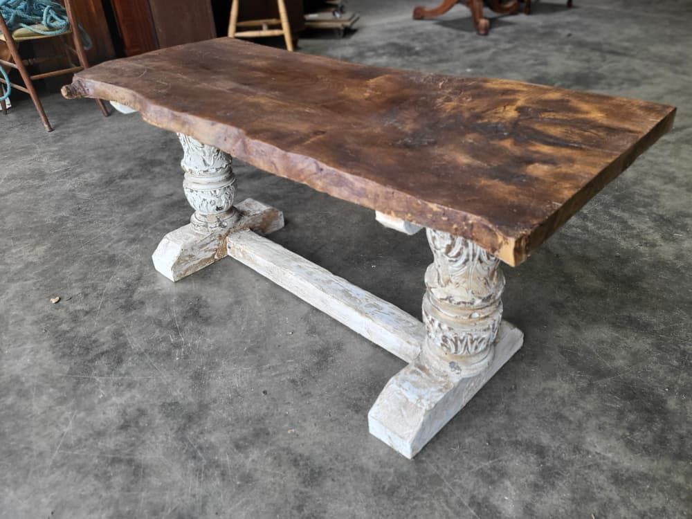 Antique Repro Natural Elm Bench Carved Painted Legs Seat photo for sale