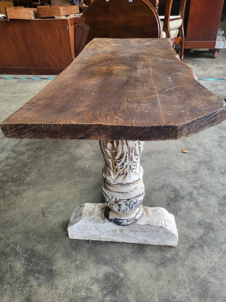 photo furniture Antique Repro Natural Elm Bench Carved Painted Legs Seat