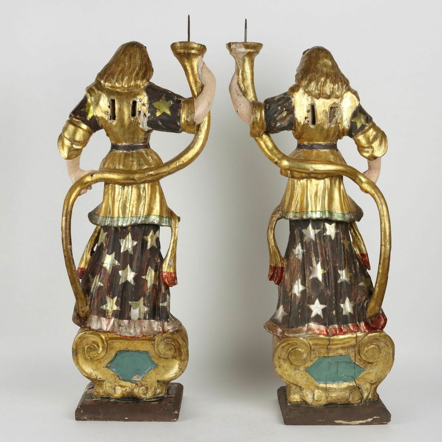 photo for sale Antique Candle Holders Angel Shaped Lacquered Wood XVIII Century