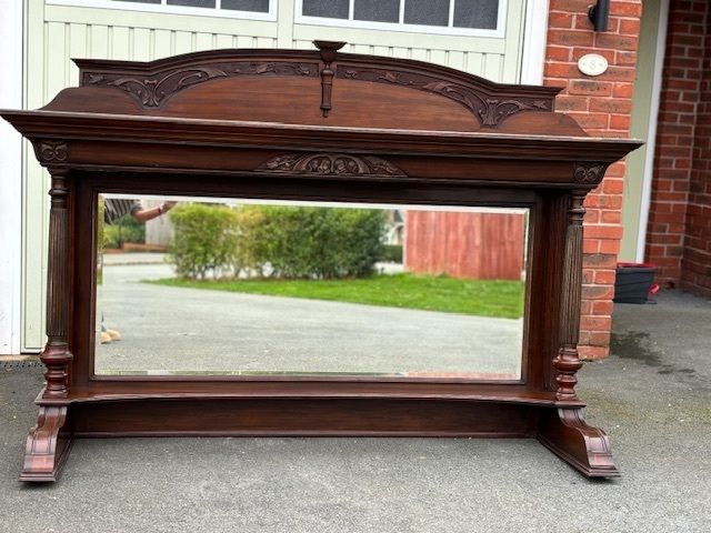 Rare Victorian Mirror Backed Mantel | Hand Carved Detail | Large Statement Piece photo for sale
