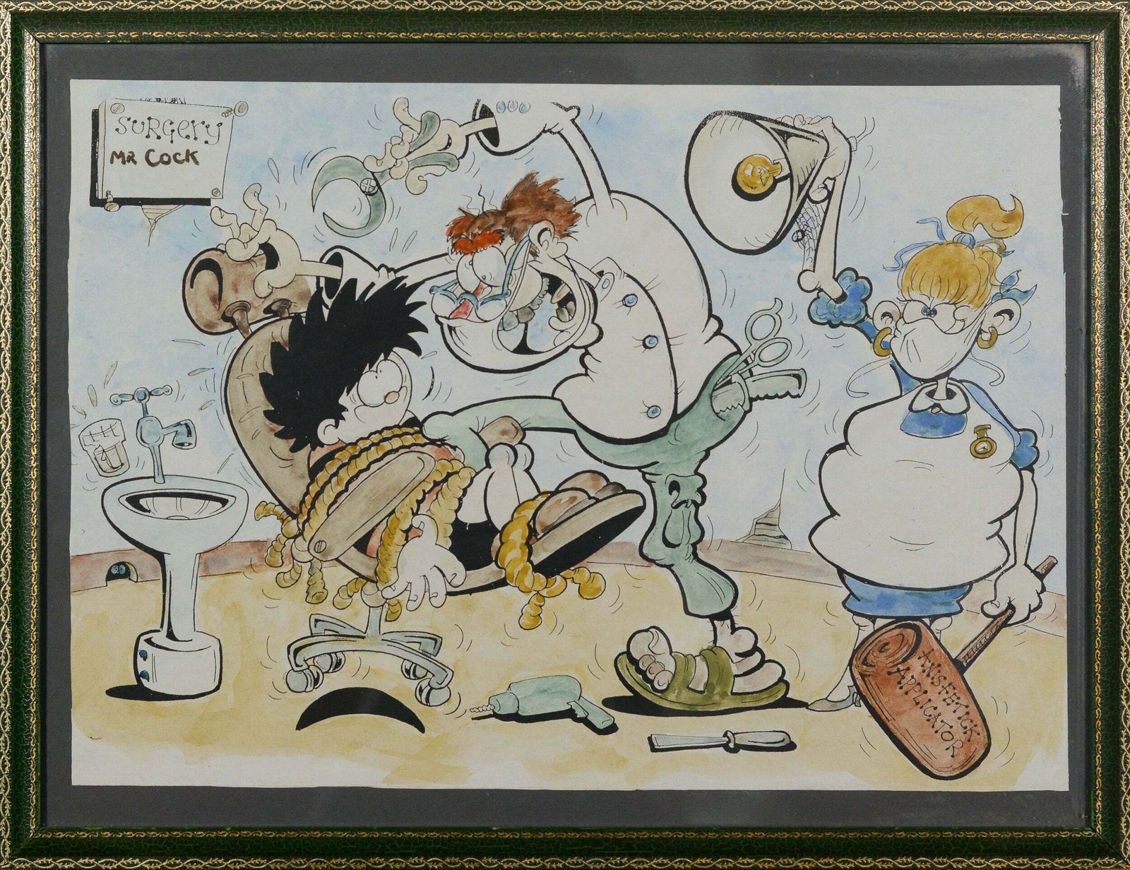 Original Pen Ink Watercolour Dennis The Menace ( Beano ) Cartoon   Dentist Visit photo furniture