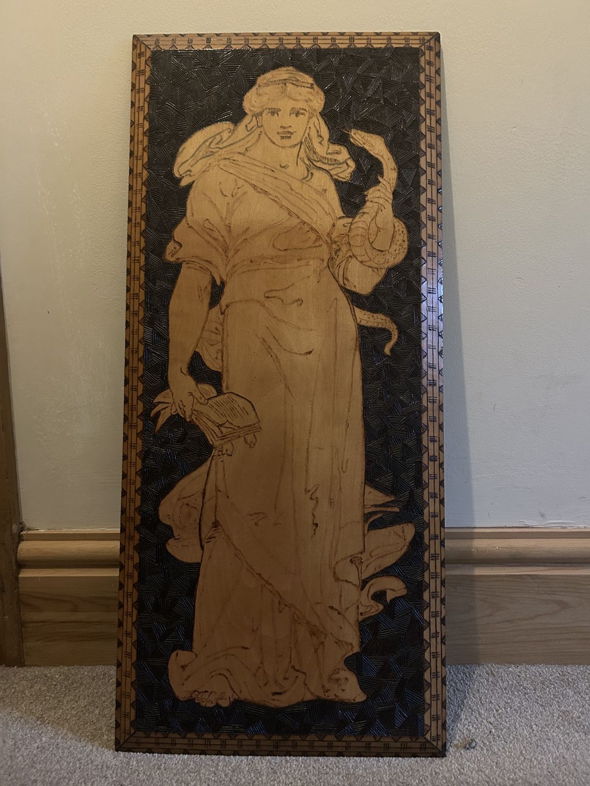 Art Nouveau Greek Goddess Wooden Wall Plaque Etched/Poker And Carved Design photo vintage