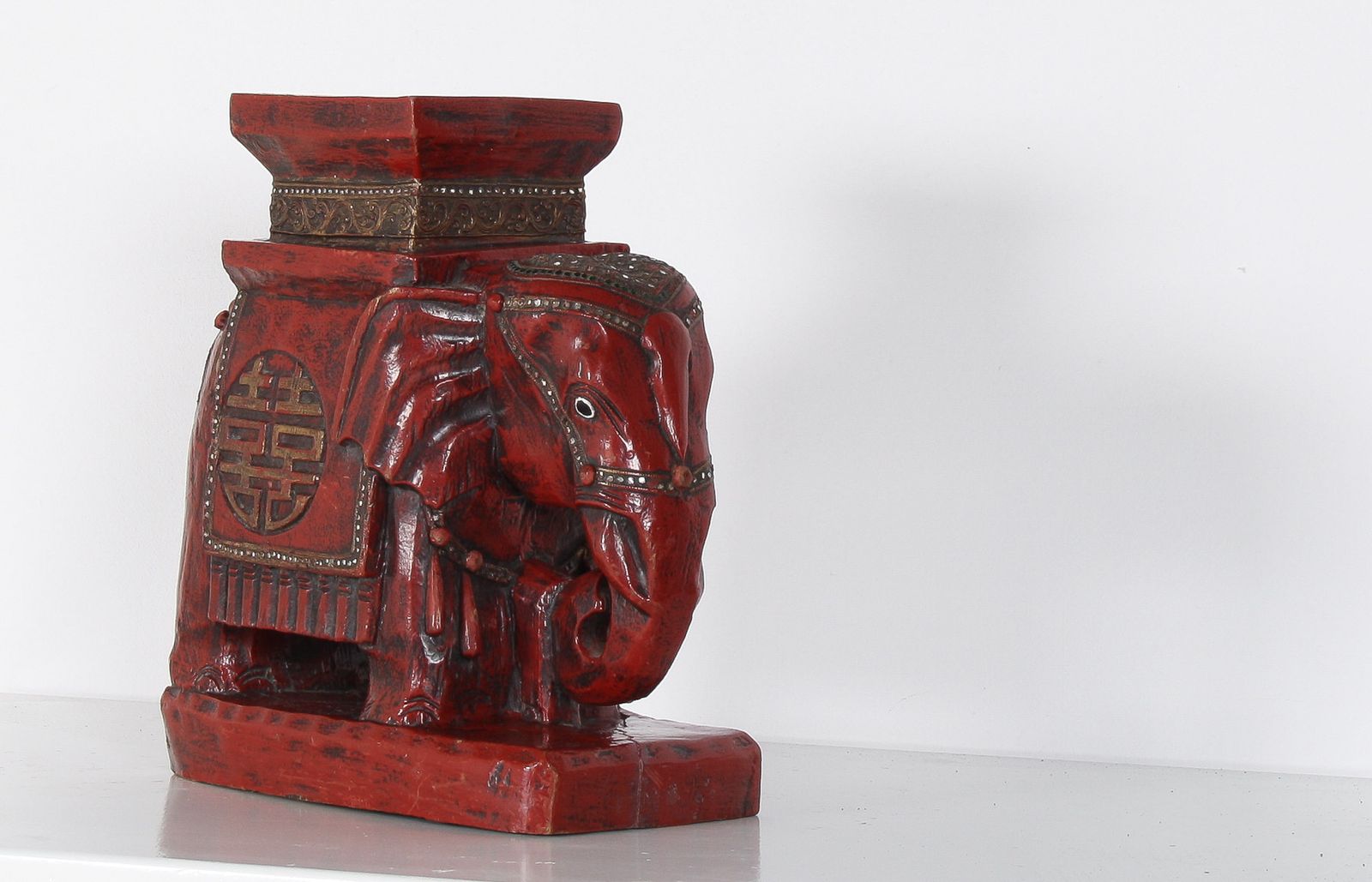 395.0 Large Carved Wood Hand Painted Elephant Side Table | Plant Stand | Shelf Art photo