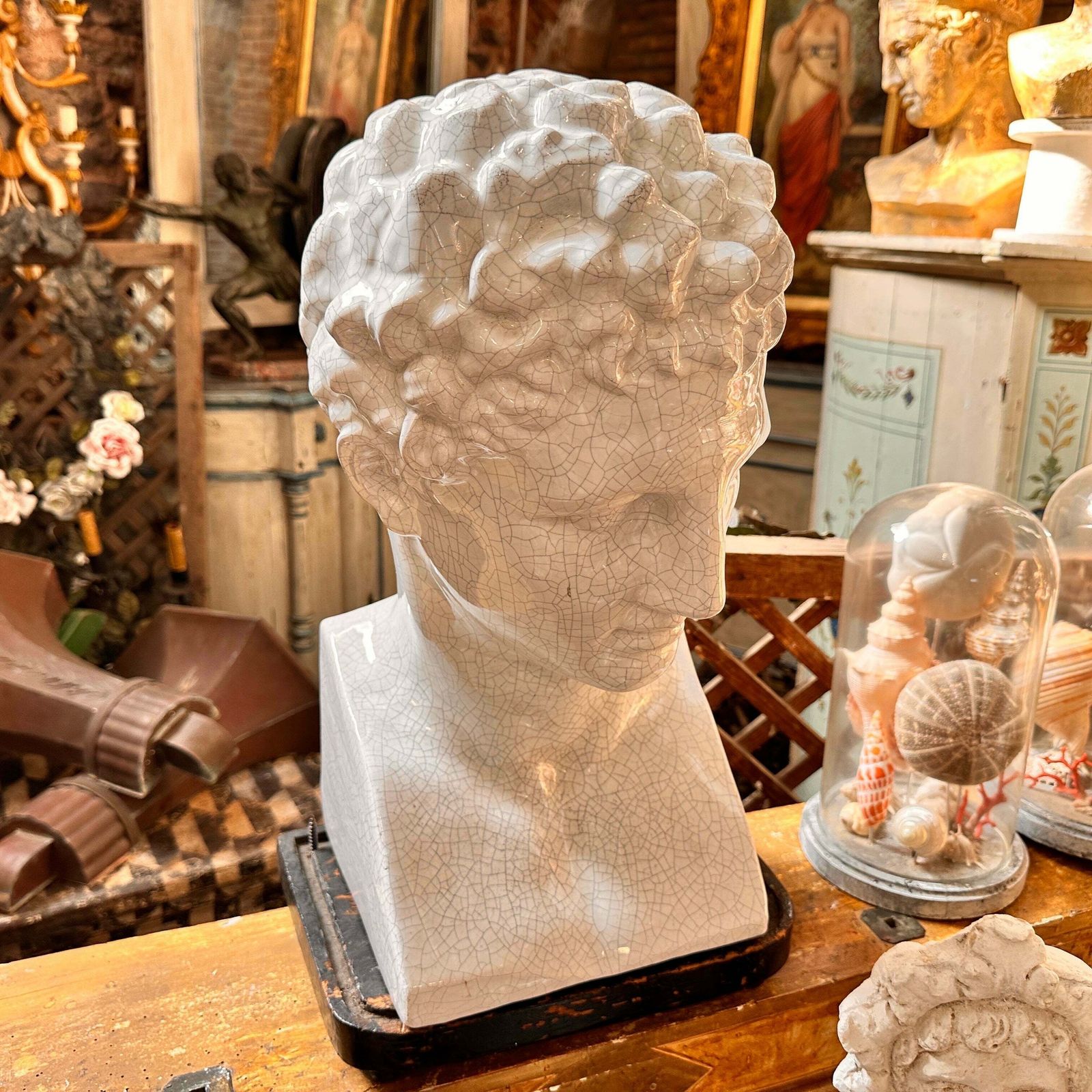 1950s Neoclassical White Crackled Ceramic Italian Bust Of Antinoo photo for sale