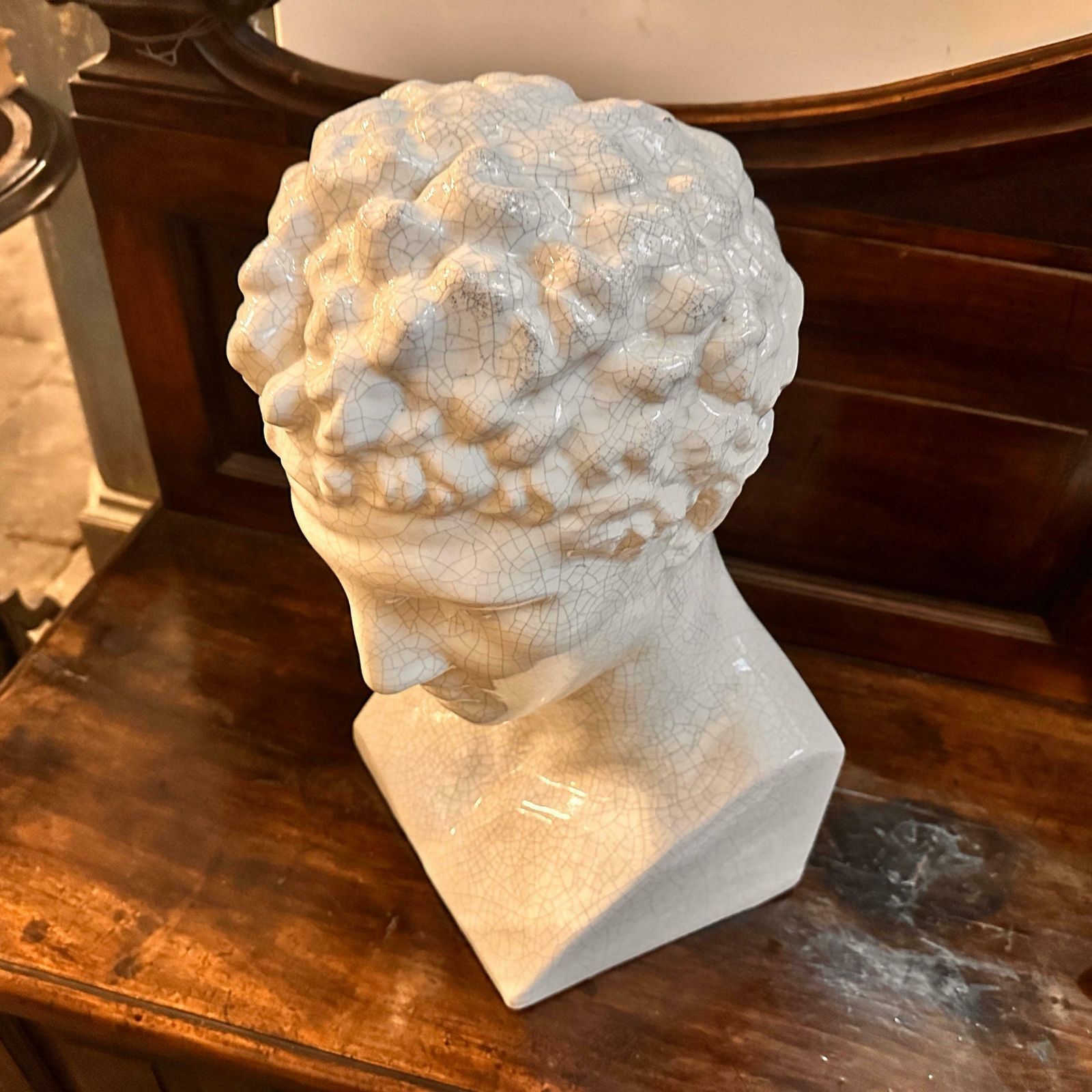 photo vinterior 1950s Neoclassical White Crackled Ceramic Italian Bust Of Antinoo