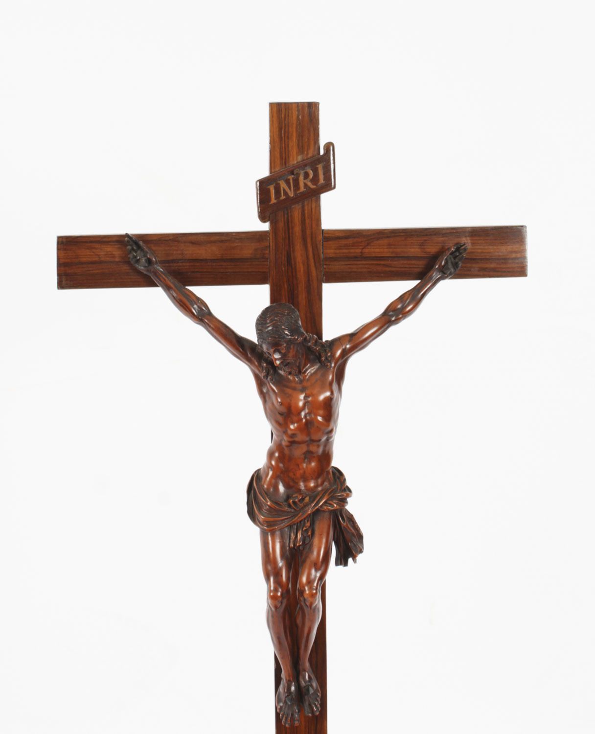 Antique 2ft French Box Wood Corpus Christi Olive Wood Cross & Base 17th C photo for sale