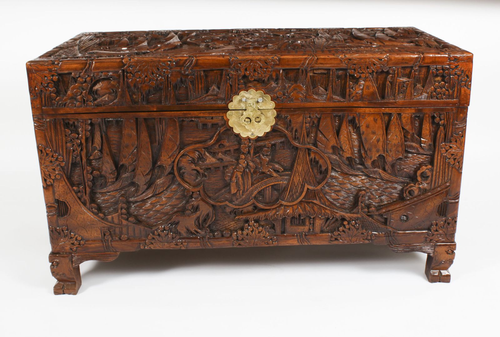 Antique Chinese Carved Camphor Wood Trunk Coffer 20th Century photo Furniture