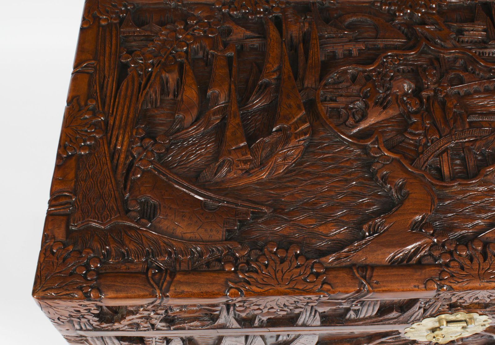 photo for sale Antique Chinese Carved Camphor Wood Trunk Coffer 20th Century