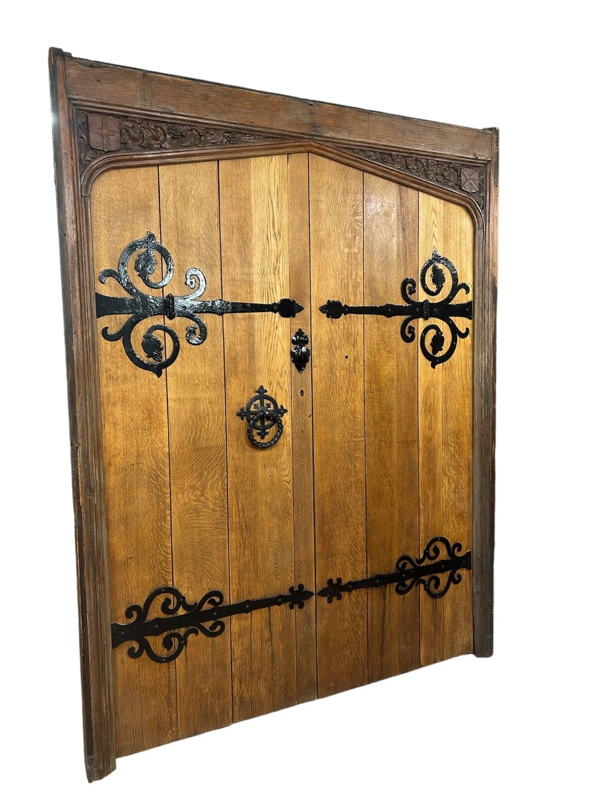 Large Oak Front Doors Frame Reclaimed Period Double Period Manor Carved Iron photo for sale