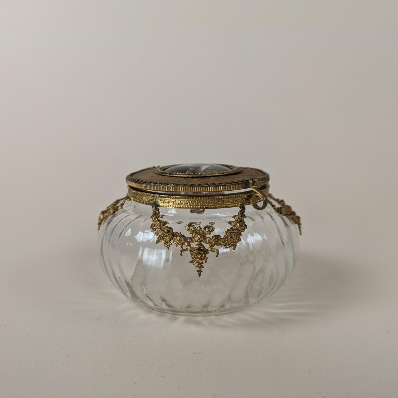Antique French Neoclassic Gilt Bronze Glass And Painted Porcelain Portrait Powder Box With Mirror, 19th Century Trinket Container photo Home Decor