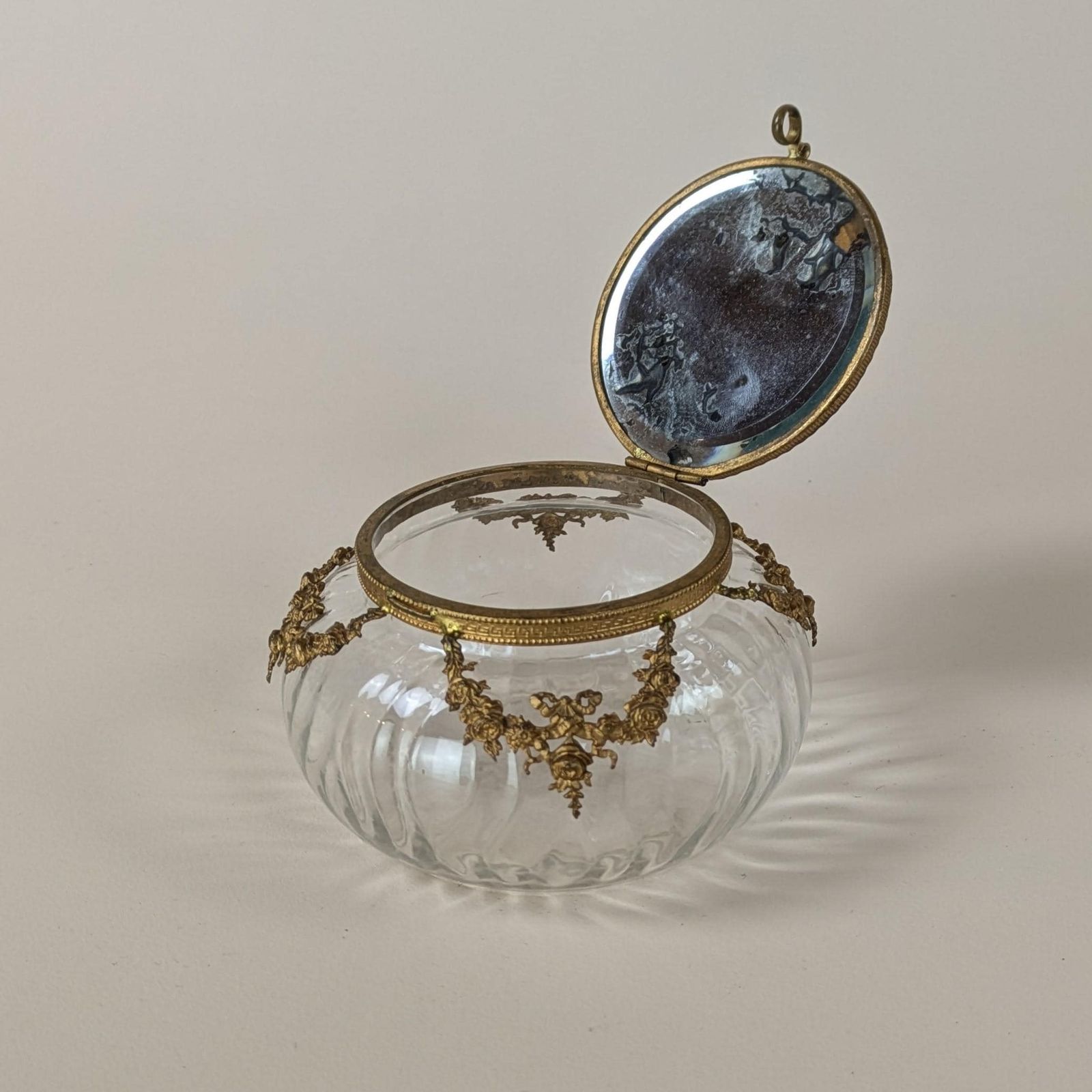 Antique French Neoclassic Gilt Bronze Glass And Painted Porcelain Portrait Powder Box With Mirror, 19th Century Trinket Container photo 252.0