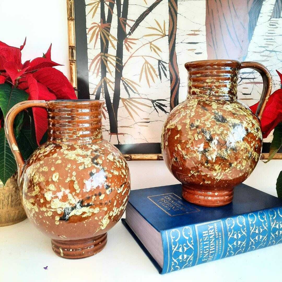 Pair Of Mid Century Marei Keramik Vase Jug 7302 Brown And Deep Blue, Pair Of West German Vases Earthy Tones photo 100.0