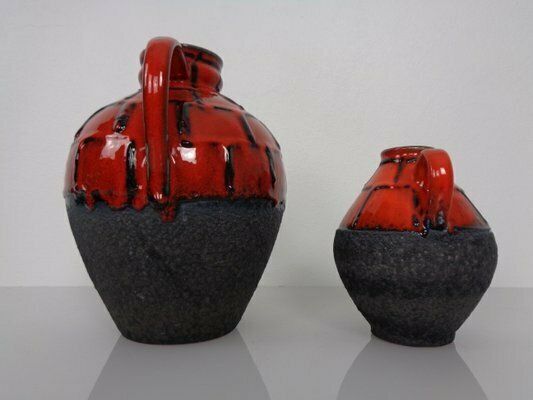 Red & Black Lava Ceramic Vases By Heinz Siery For Carstens, 1960s, Set Of 2 photo Home Decor