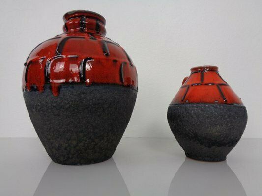 Red & Black Lava Ceramic Vases By Heinz Siery For Carstens, 1960s, Set Of 2 photo 250.0