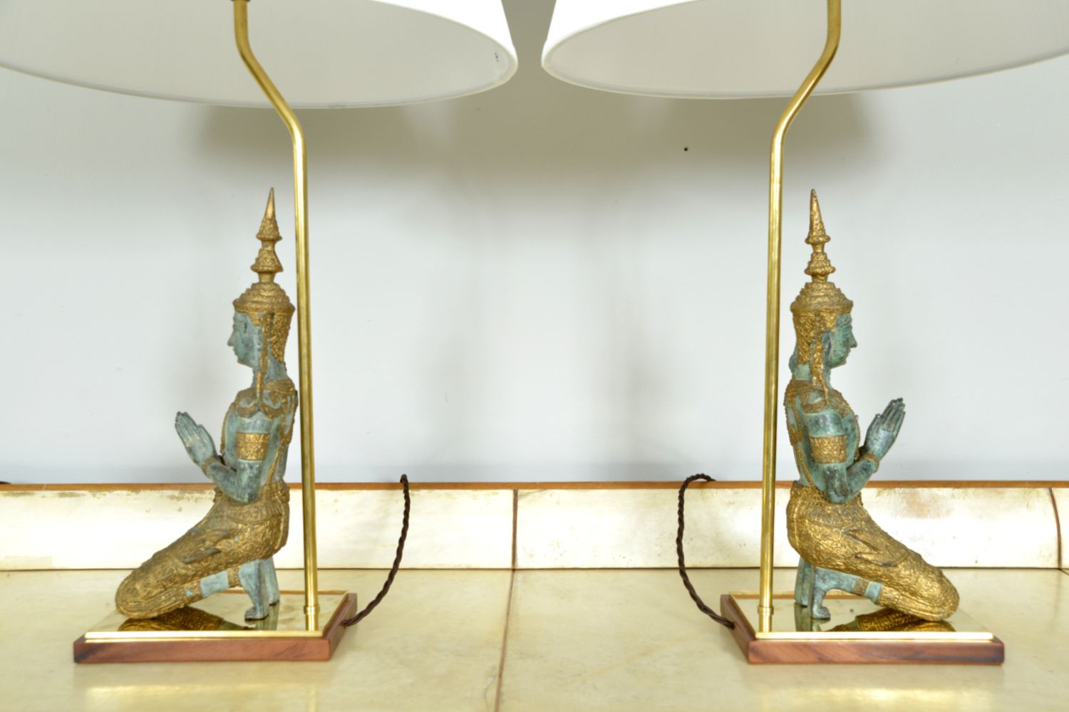 Pair 1960s Bronze Brass Gilt Thai Teppanom Buddha Table Lamps James Mont Style Belgium photo Lighting