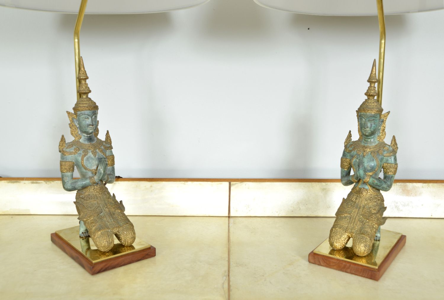 Pair 1960s Bronze Brass Gilt Thai Teppanom Buddha Table Lamps James Mont Style Belgium photo vinterior
