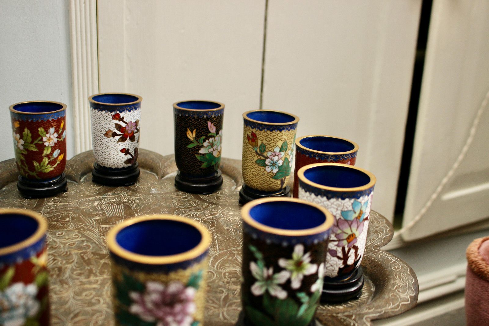 A Quality Set Of 12 Chinese Cloisonné Beakers Tumblers On Stands photo Home Decor