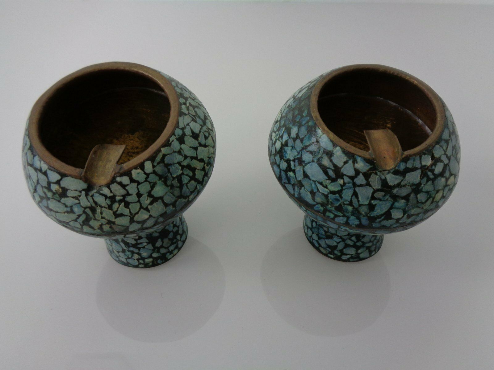 Vintage Indian Copper & Turquoise Stones Ashtrays, 1960s, Set Of 2 photo vinterior